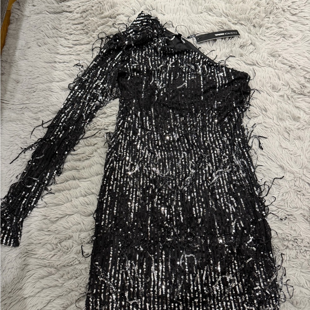 Fashion Nova Black One-Shoulder Sequin Fringe Dress